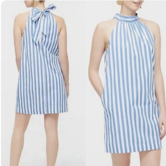 J. Crew Factory Dresses & Skirts - J.Crew Factory Blue White Stripe Halter Shift Dress Bow Neck Size 10